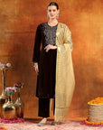 Velvet Zari-Embroidered Kurta Set with Palazzo & Banarasi Dupatta